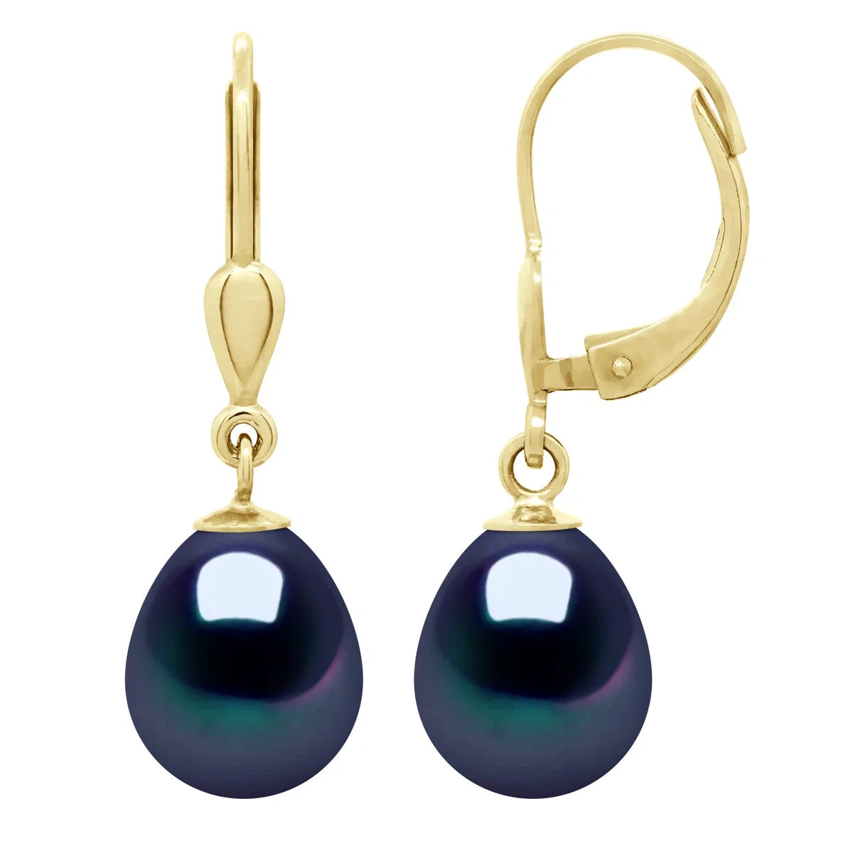Drop Earrings Freshwater Pearl Black Yellow Gold 9-10mm