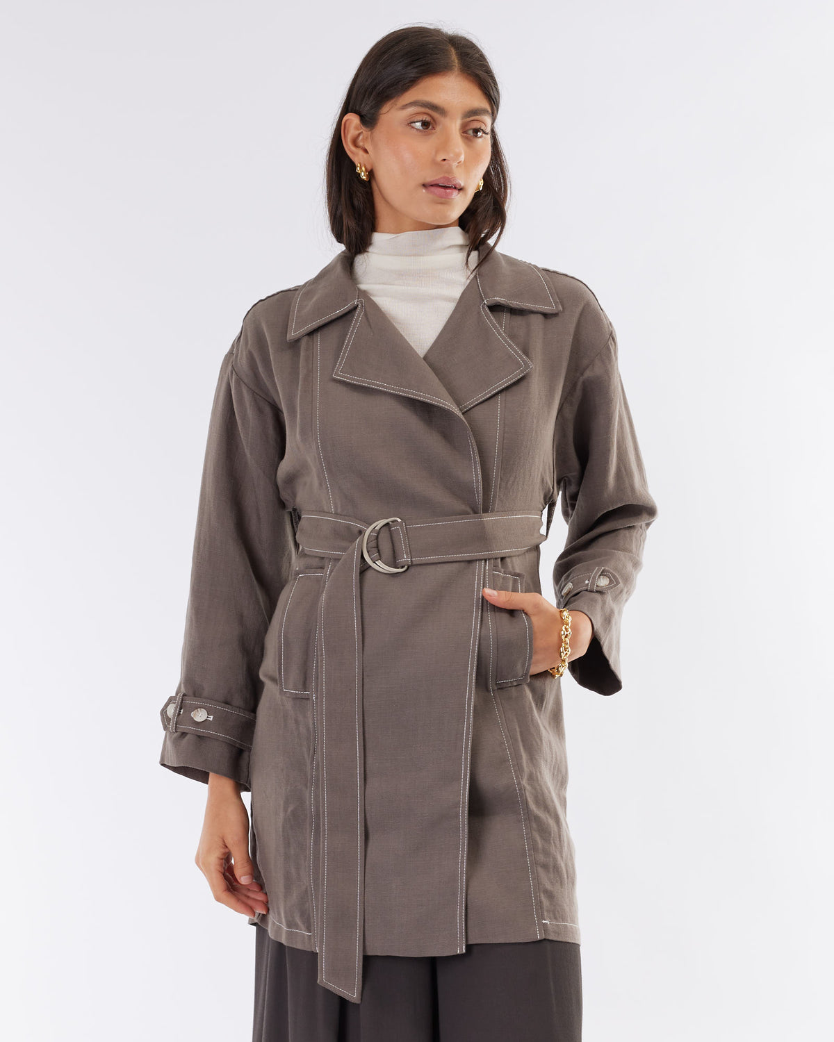 Amelius Elvie Linen Trench Jacket - Khaki