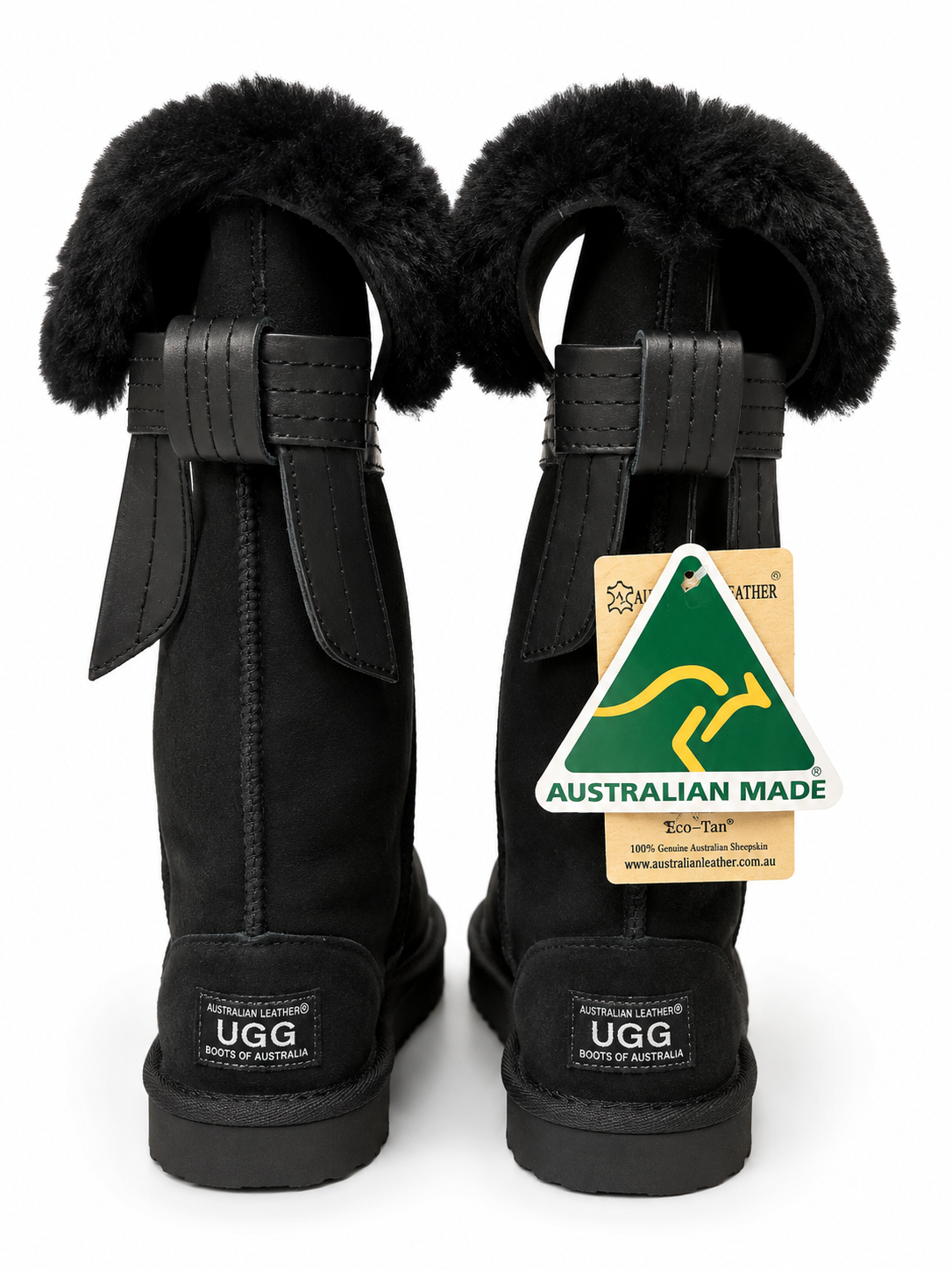 Australian Leather Ugg Tall Fur Cuff Corset Style - Black - AU4