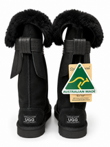 Australian Leather Ugg Tall Fur Cuff Corset Style - Black - AU7