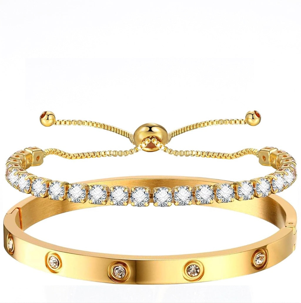 Liv Oliver 18K Gold Bangle & Tennis Bracelet Set