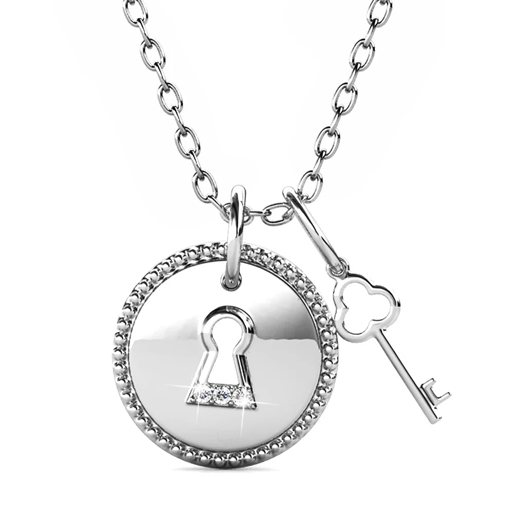 Krystal Couture White Gold Pad Lock with Heart Keys Double Pendant Necklace Embellished with SWAROVSKI Crystals