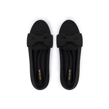 Bow Detail Round Toe Knit Flat Loafers - Black