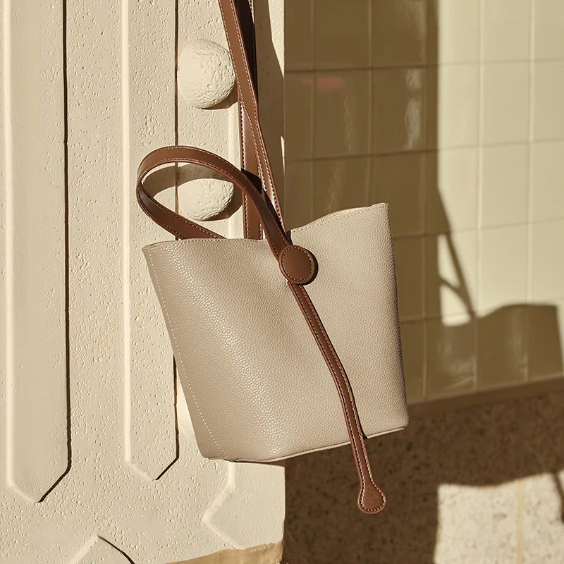 Nalandu Soft Pebbled Leather Bucket Shoulder Bag - Taupe