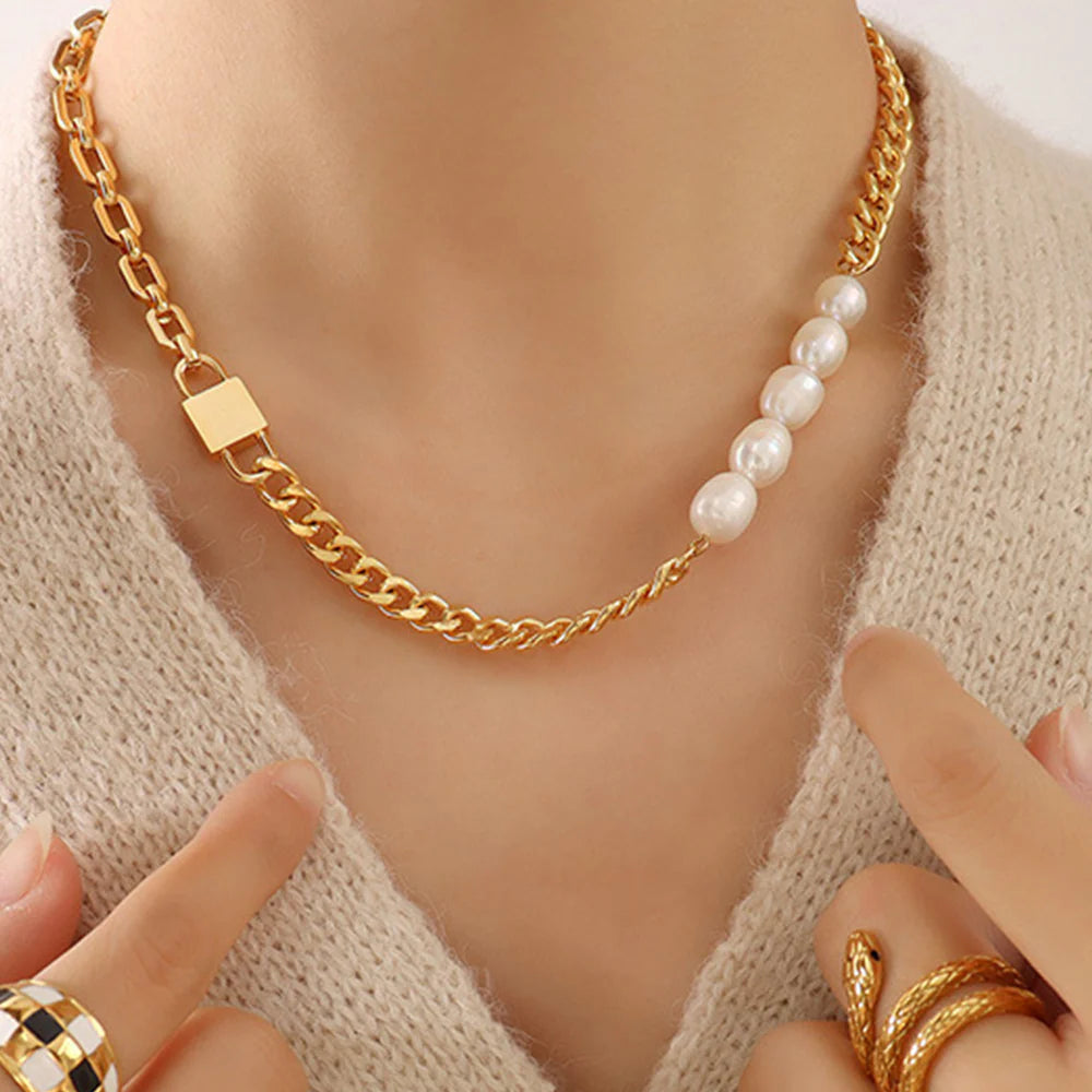 Bullion Gold Paperclip Cuban Chain Link Pearl Necklace in Gold