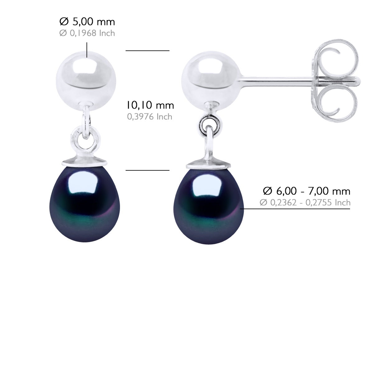Earrings of Silver 925 and Real Cultured Freshwater Pearls Pear 6-7 mm - Black "Tahitian Style" - Longueur 42 cm