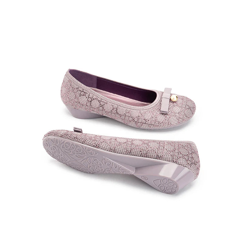 Pearl Bow Czech Crystal Knit Round Toe Wedge Pumps - Mauve