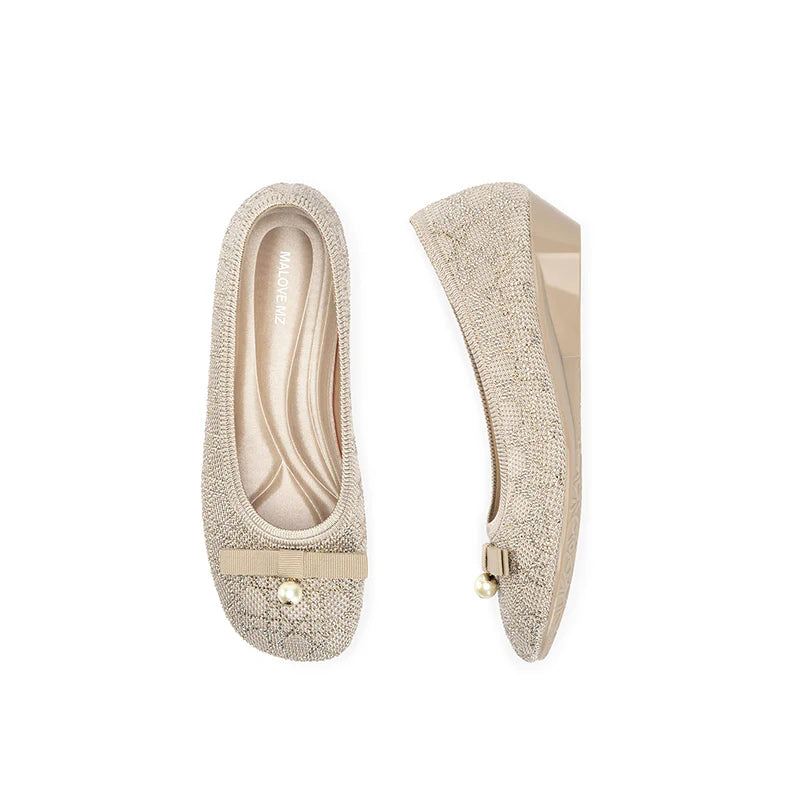 Pearl Bow Czech Crystal Knit Round Toe Wedge Pumps - Ivory