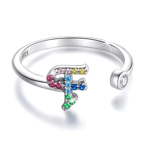 Adjustable Solid 925 Sterling Silver Colourful Rainbow Alphabet Letter Ring
