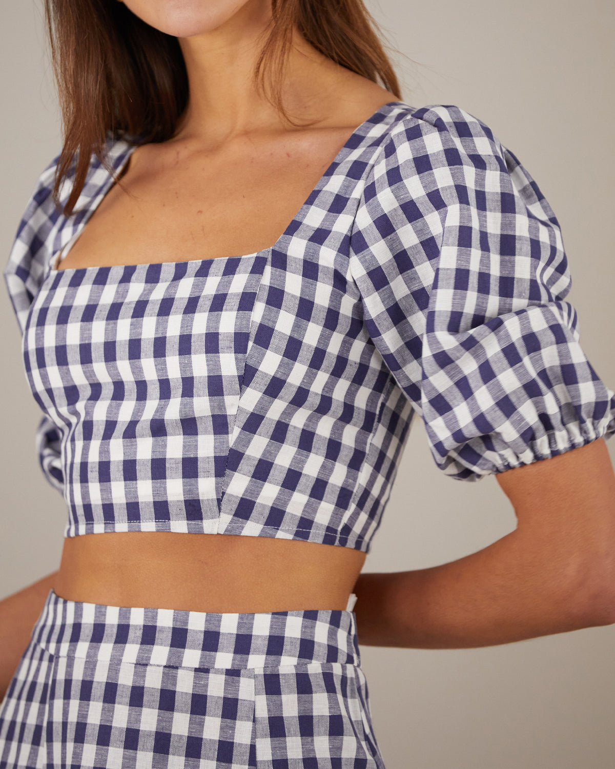 Amelius Mallee Linen Gingham Crop Top - Navy Check