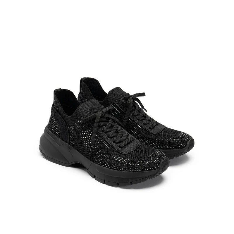 Rhinestone Mesh Knit Chunky Platform Sneakers - Black