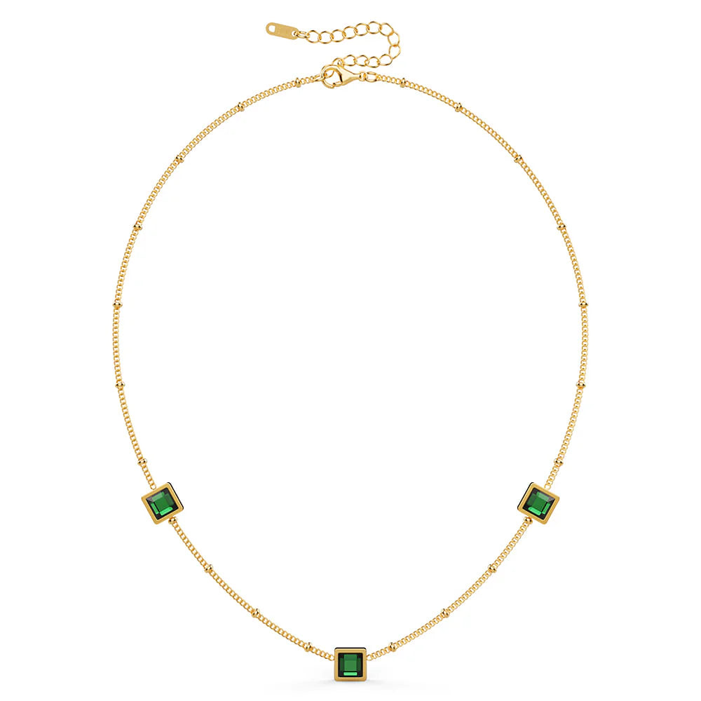 Bullion Gold Square Bezel Station Necklace in Emerald Green