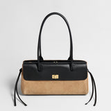 Two-Tone Quilted Suede & Leather Baguette Bag - Camel