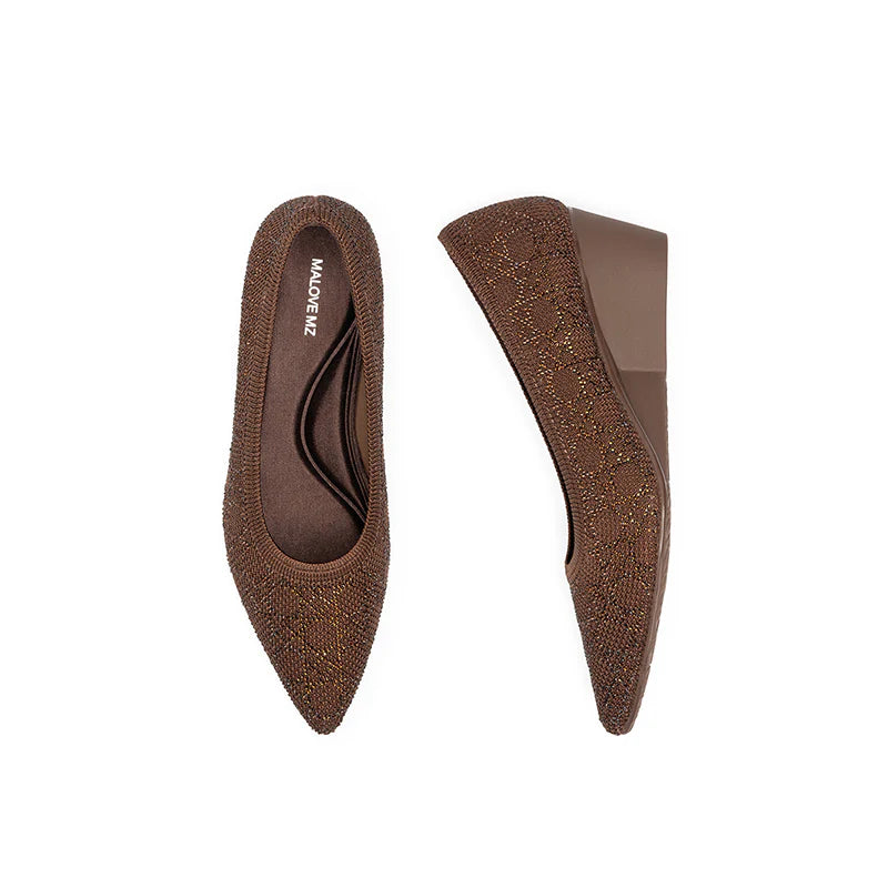 Rhinestone Check Knit Pointed Toe Wedge Pumps - Chocolate