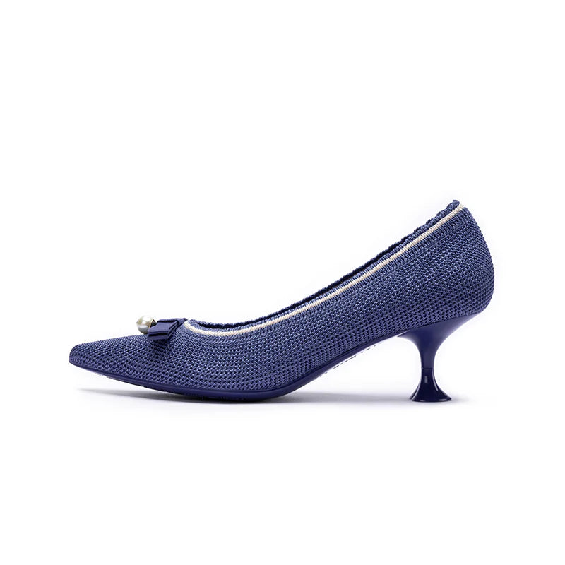 Parisian Pearl Bow Kitten Heels - Indigo
