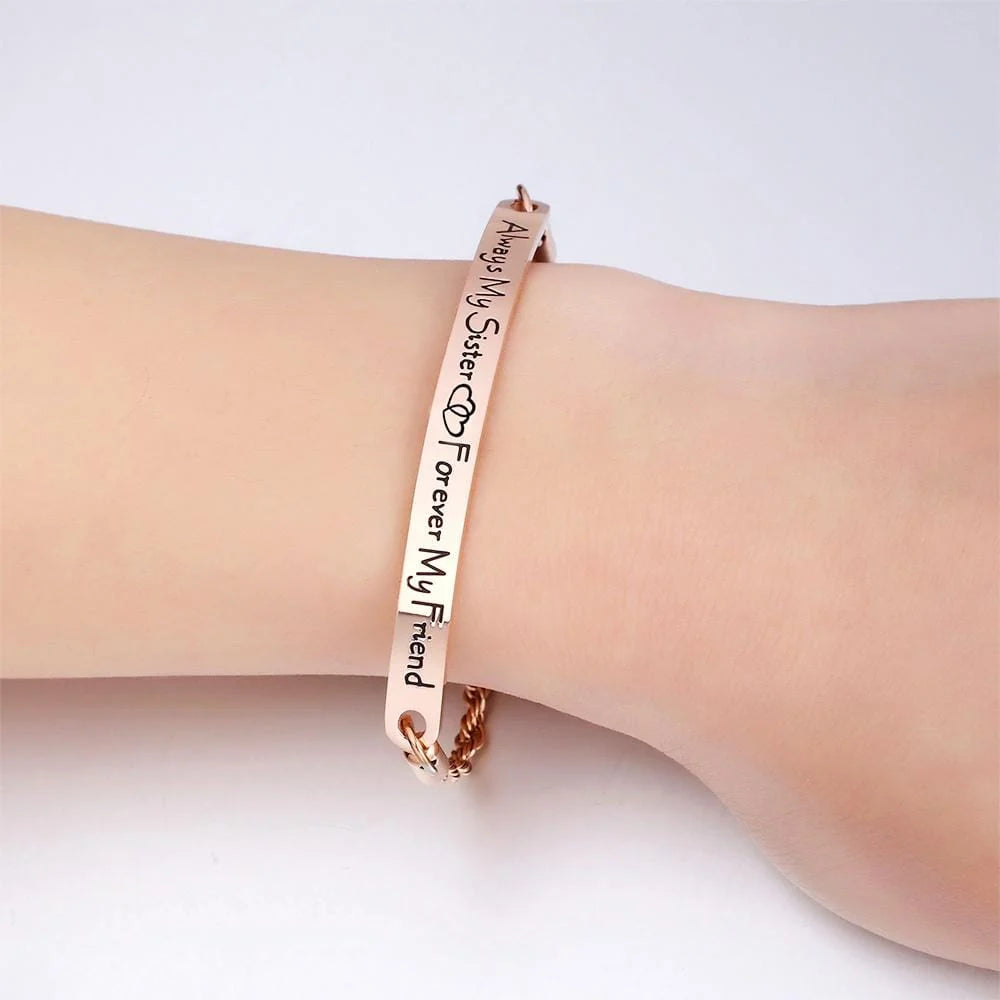 Bullion Gold Sisters Forever Inscriptions Rose Gold Bar Bracelet