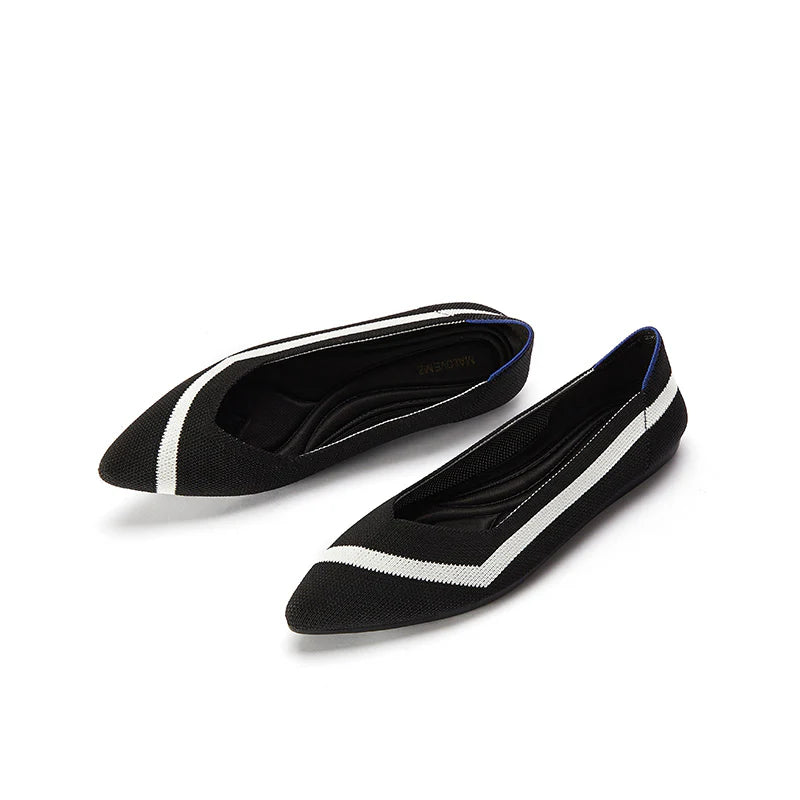 Comfortable Woven Striped Pointed Toe Flats - Black