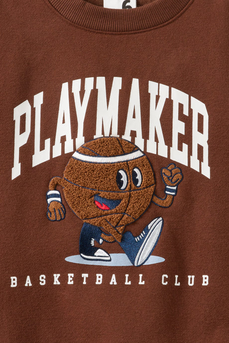 Cotton On Kids Boys Sammy Oversize Crew - Rocky Road/Playmaker Basketball Club