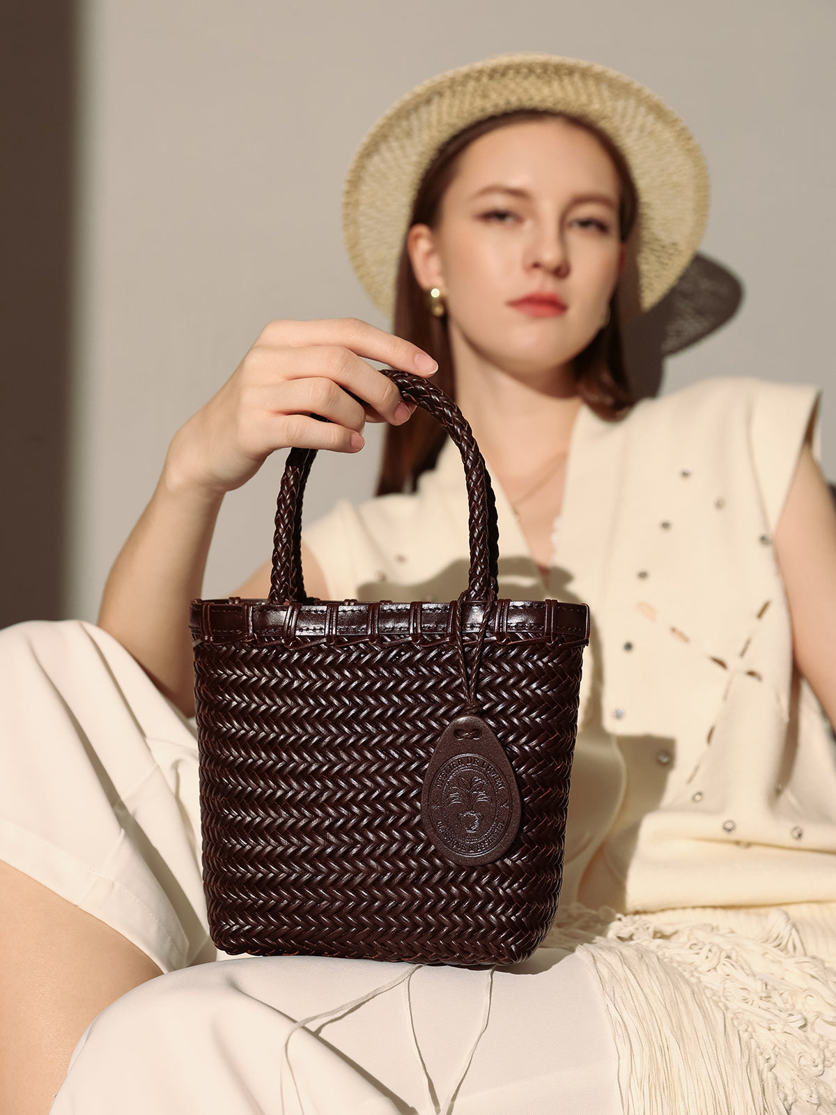 Siena Handwoven Calf Leather Basket Tote - Chocolate