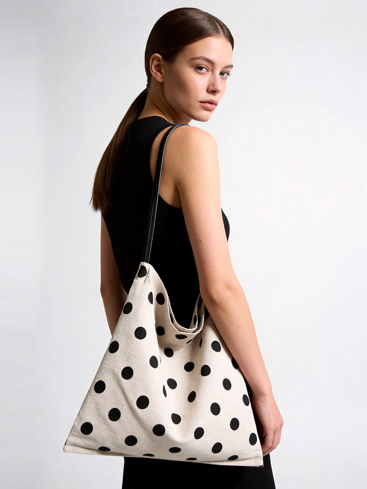 Polka Dot Canvas Hobo Tote - Ivory
