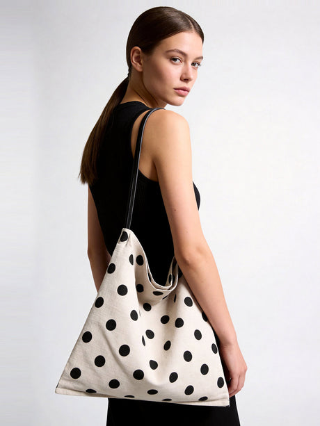 Polka Dot Canvas Hobo Tote - Ivory