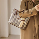 Nalandu Vintage Checkered Large Capacity Shoulder Tote Bag - Khaki