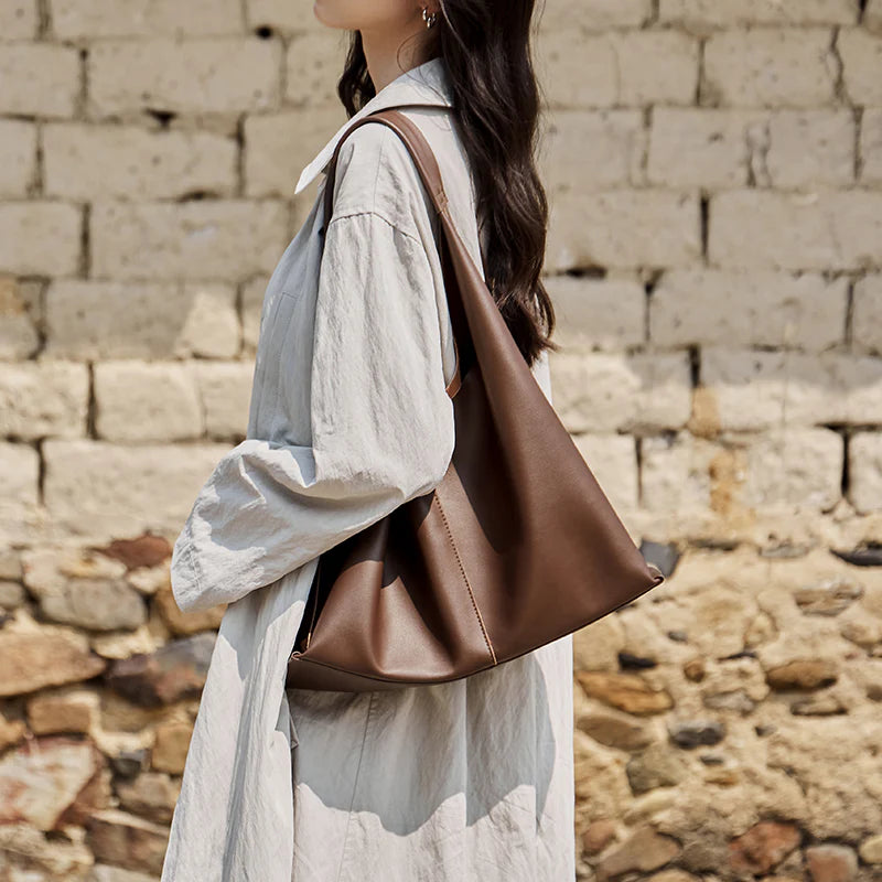 Nalandu Soft Slouch Genuine Leather Oversized Tote Bag - Coffee