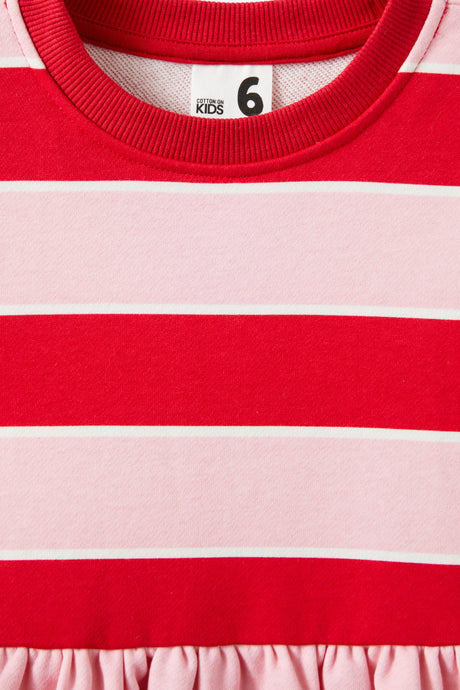 Cotton On Kids Girls Sammy Long Sleeve Dress - Marshmallow/Varsity Red Stripe