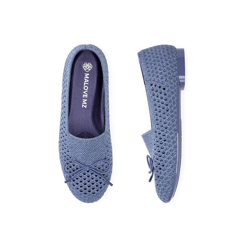 Bow Hollow Mesh Knit Round Toe Low Heel Flats - Denim