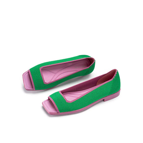 Colorblock Peep Toe Knit Flats - Green