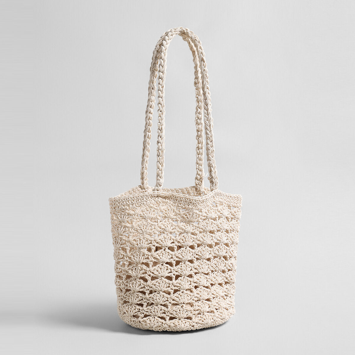 Hand-Crocheted Cotton Shell-Stitch Bucket Tote - Ivory