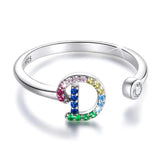 Adjustable Solid 925 Sterling Silver Colourful Rainbow Alphabet Letter Ring