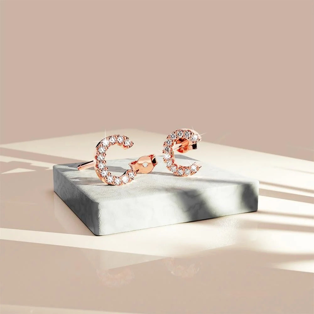 Solid 925 Sterling Silver Glamour Alphabet Letter Earrings Rose Gold