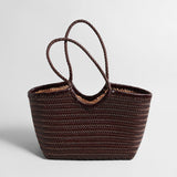 Handwoven Leather Herringbone Basket Tote Bag - Chocolate