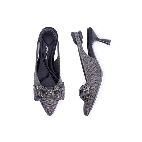 Rhinestone Bow Slingback Kitten Heels - Grey