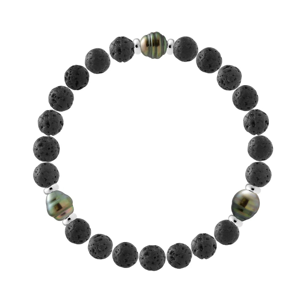 Tahitian Bracelet Natural Lava Stone - 3 Genuine Tahitian Cultured Pearls Circled 8-9 mm