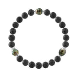 Tahitian Bracelet Natural Lava Stone - 3 Genuine Tahitian Cultured Pearls Circled 8-9 mm