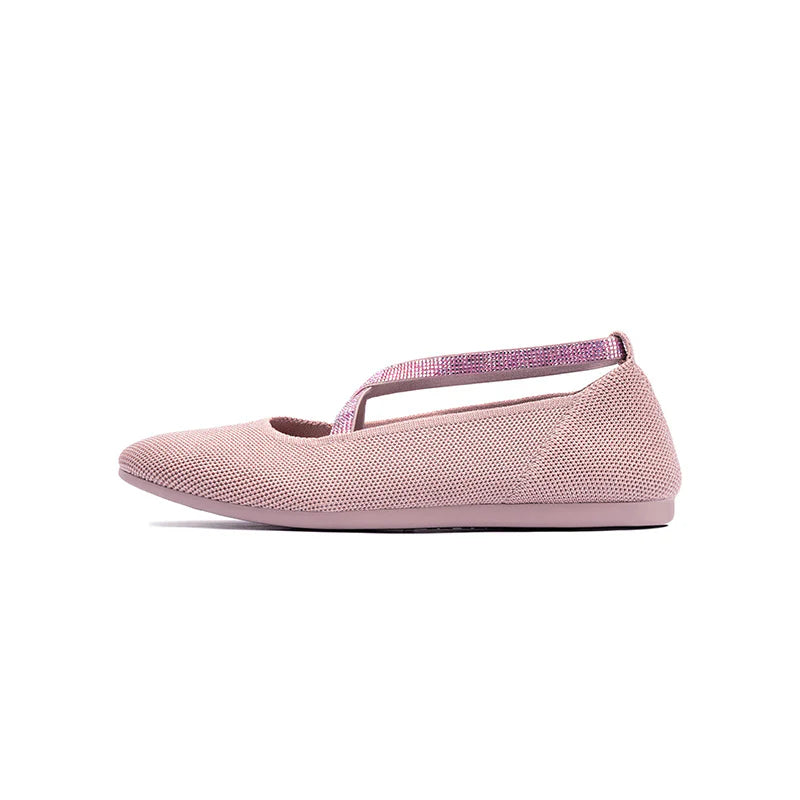 Rhinestone Cross Strap Knit Ballet Flats - Pink
