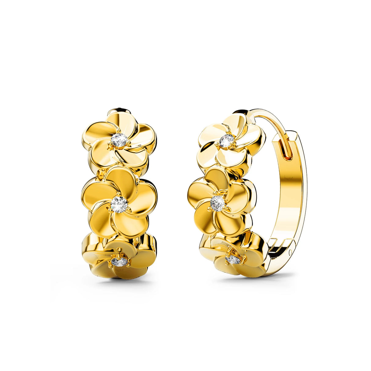 Krystal Couture Floral Trio Huggie Earrings Embellished in Swarovski Crystals in Yellow Gold