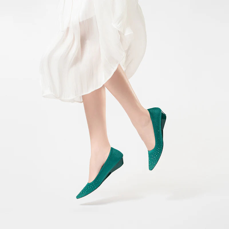 Rhinestone Gradient Knit Pointed Toe Wedge Flats - Green