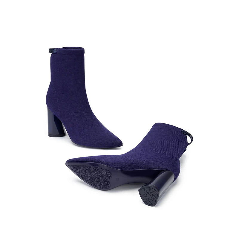 Pointed Toe Block Heel Knit Ankle Boots - Purple