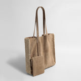 Vintage Suede Tote Bag – Woven Edge Shoulder Bag with Matching Pouch