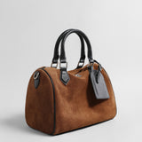 Vintage Suede Boston Pillow Bag – Contrast Leather Handle Crossbody Bag