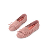 Bow Hollow Mesh Knit Round Toe Low Heel Flats - Coral