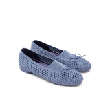 Bow Hollow Mesh Knit Round Toe Low Heel Flats - Denim