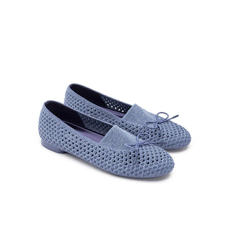 Bow Hollow Mesh Knit Round Toe Low Heel Flats - Denim