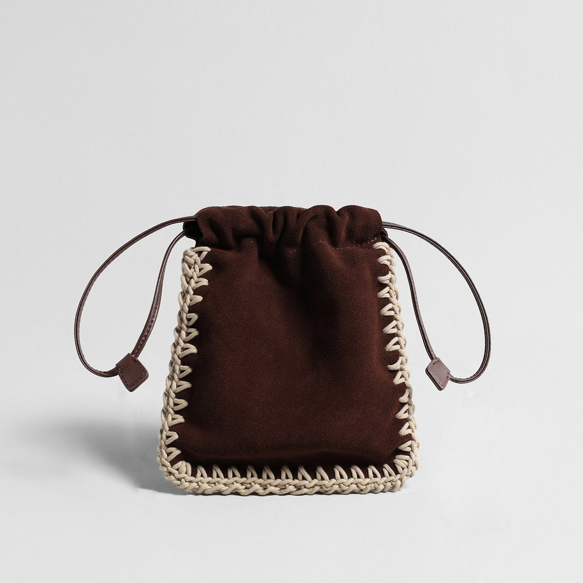 Vintage Suede Drawstring Pouch Bag – Woven Trim Crossbody Bag