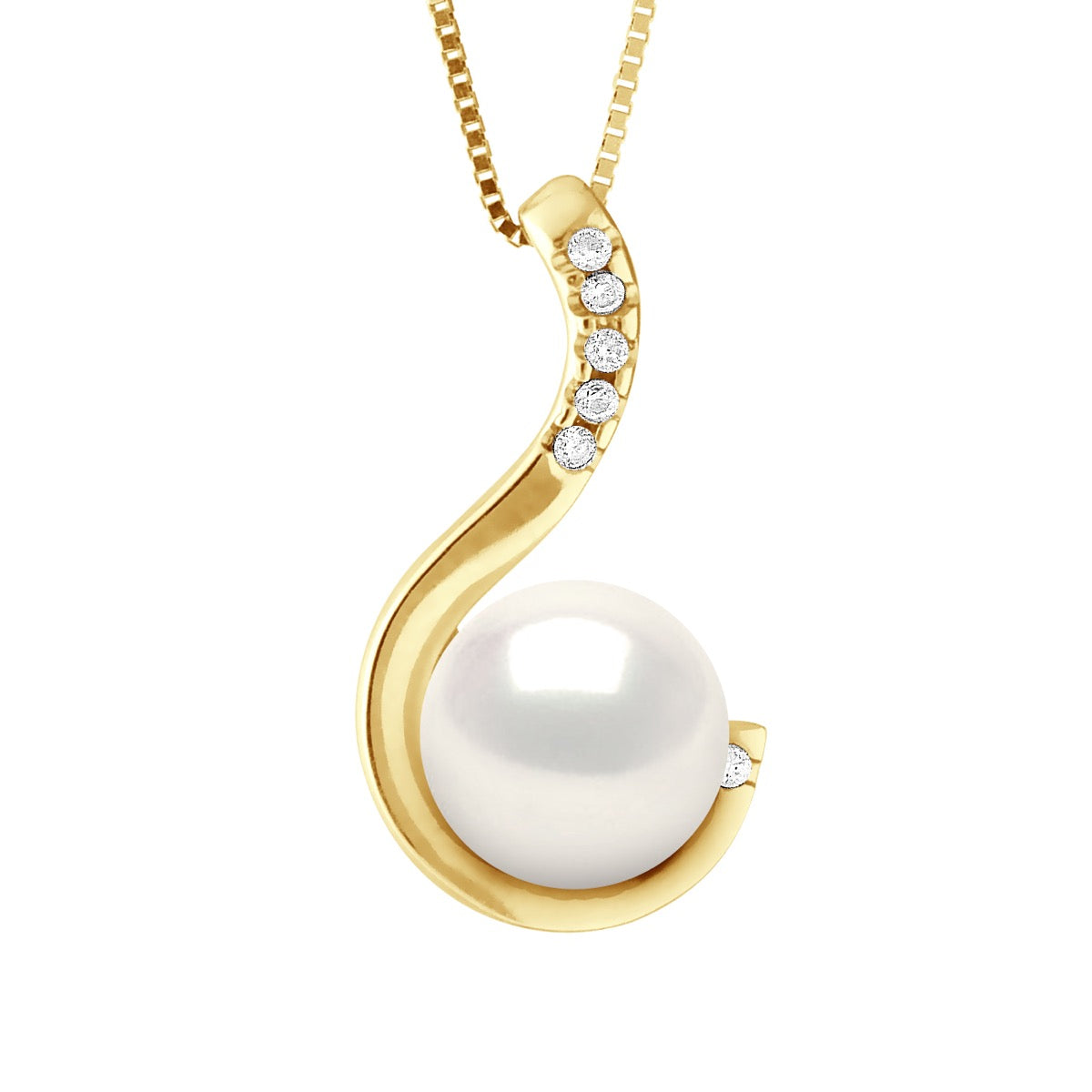 Pendant Jewelry 0,06 Cts ( 6 X 0,01 Cts ) White Gold and Real Cultured Freshwater Pearl - Natural White - Length Chain 42 cm