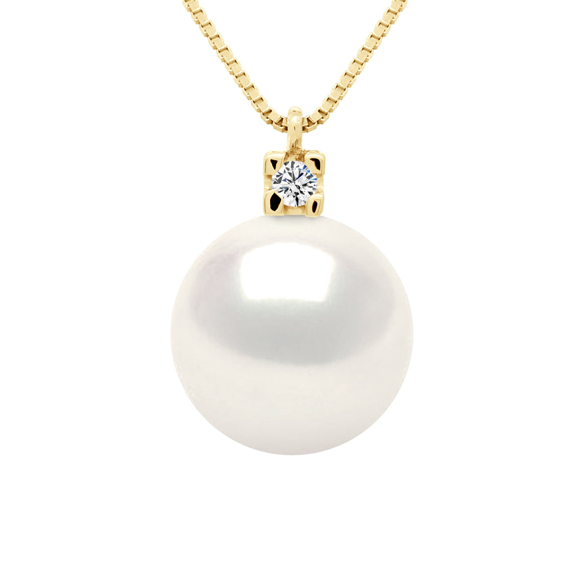 Necklace Jewelry 0,02 Cts ( 1 X 0,02 Cts ) Yellow Gold and Real Cultured Freshwater Pearl Round 10-11 mm- Quality Aa - Natural White - Longueur 18 cm