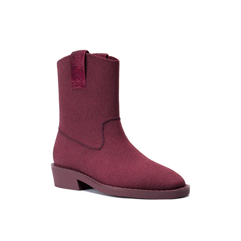Knit Block Heel Ankle Boots - Wine